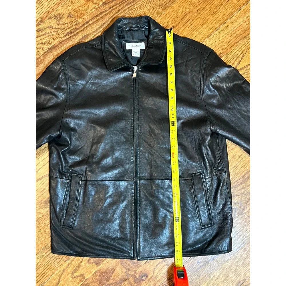 Calvin Klein Mens Black Leather Full‎ Zip Jacket Size Large Point Collar